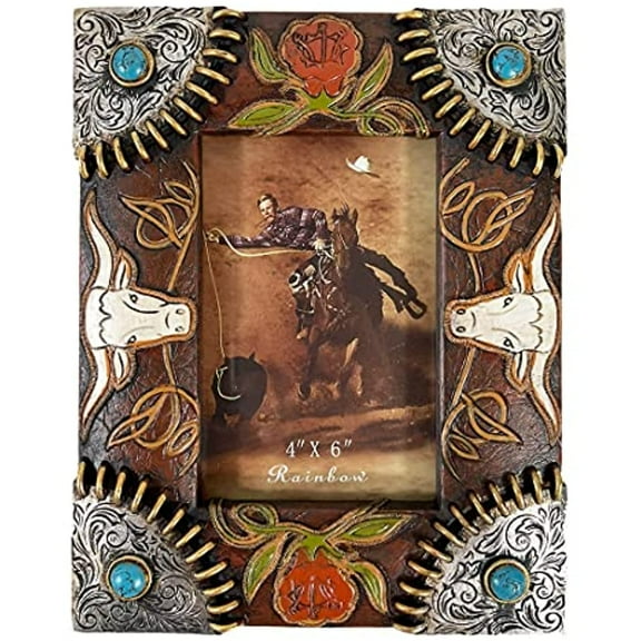 Urbalabs Cowboy Longhorn and Teal Stone Western Decor Picture Frame 4 x 6 Country Gifts Farmhouse Picture Frames Photo Frame Wall Hanging or Standing 4x6 Elaborate