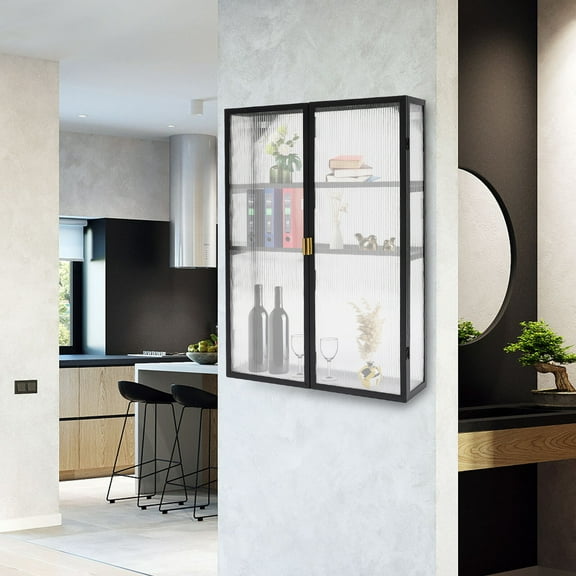 Retro Style Haze Double PC Door Wall Cabinet with Detachable Shelves for Office, Dining Room,Living Room, Kitchen and Bathroom Black