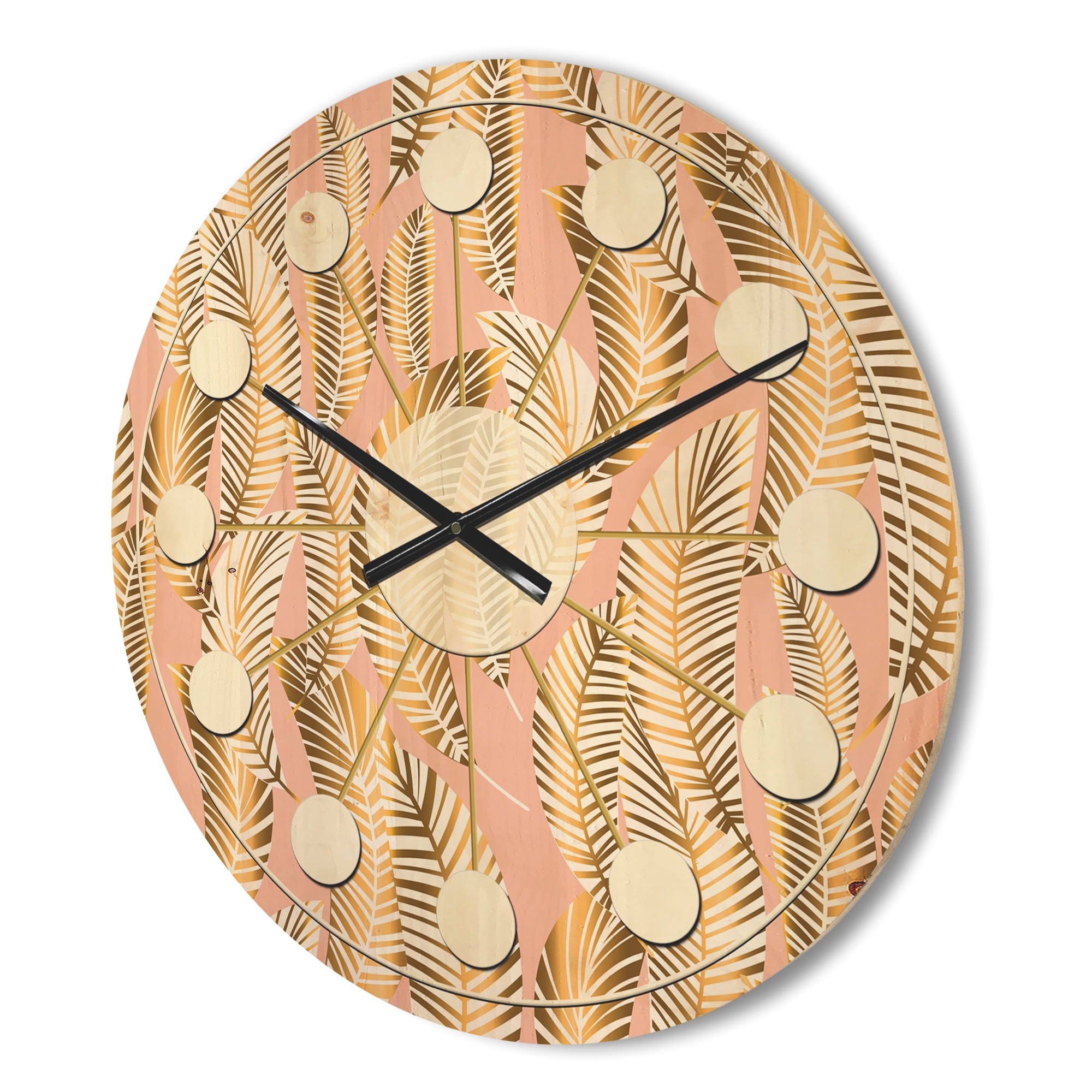 Designart 'Palm Golden Leaves I' Mid-Century Modern Wood Wall Clock