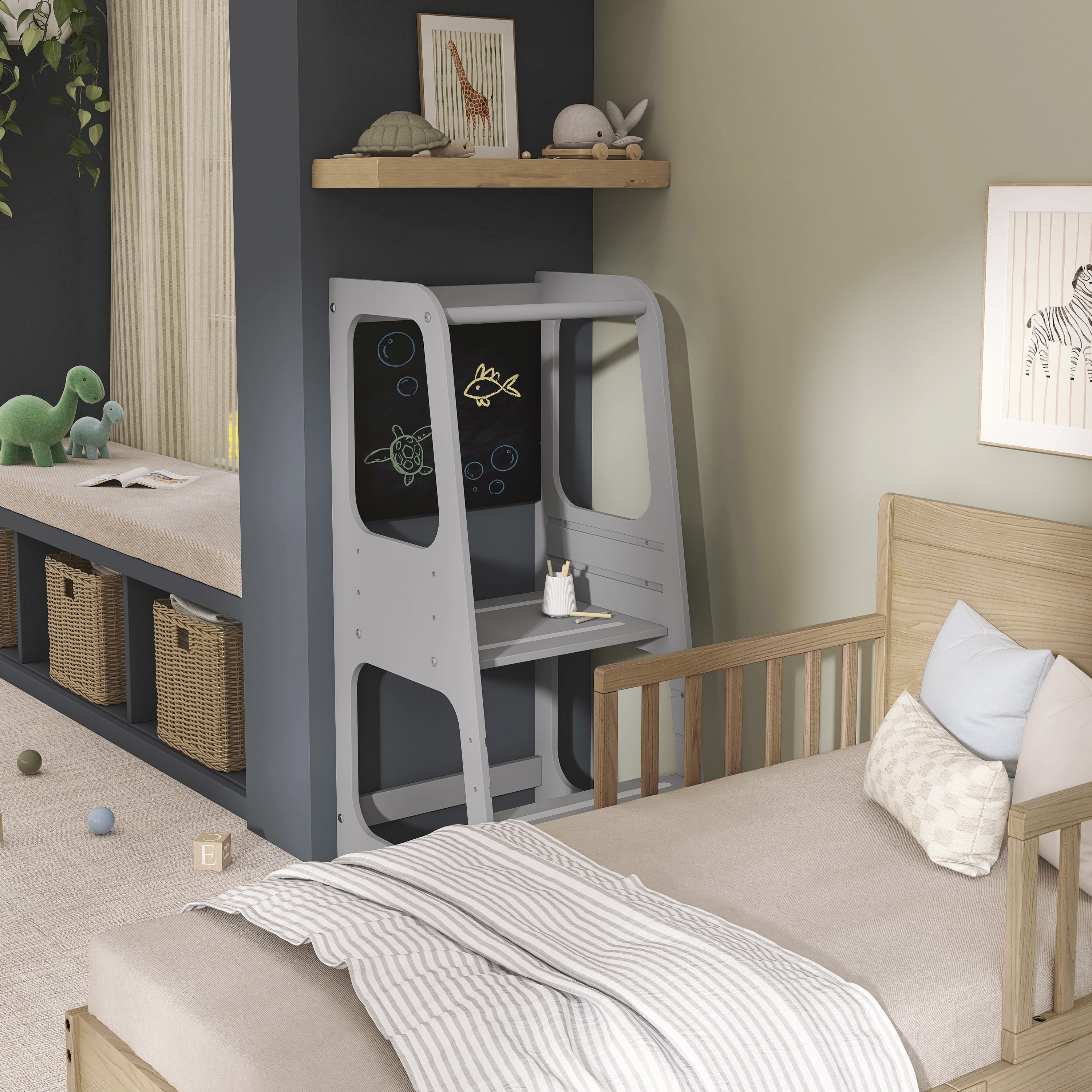 Dream On Me Explora Tower & Step Stool, Anti-slip Base, Multipurpose Kids Step Stool, Pebble Grey