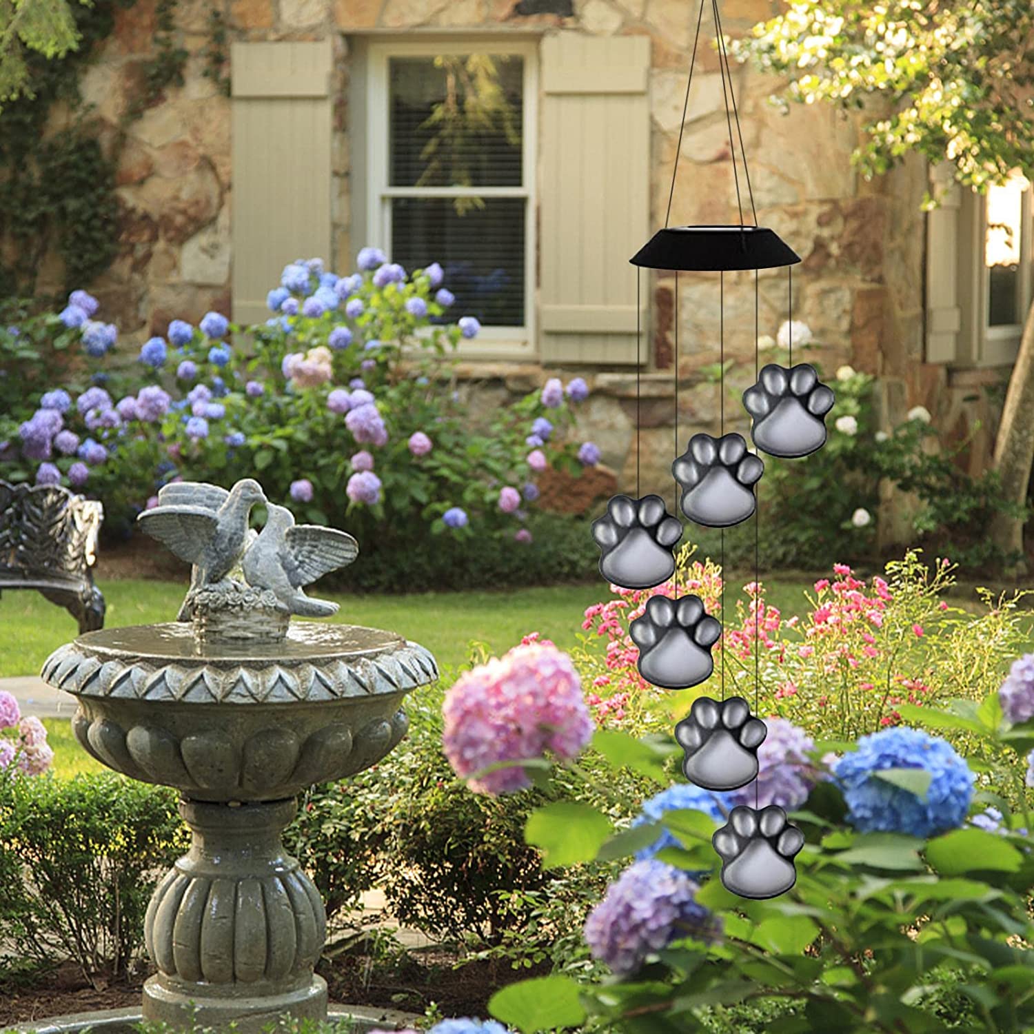 Solar Wind Chime Outdoor,Paw Prints Solar Hanging Lights,Waterproof LED Color Changing Solar Wind Chime Light,Dog Paw Lawn Light for Patio Garden Yard Home Decoration