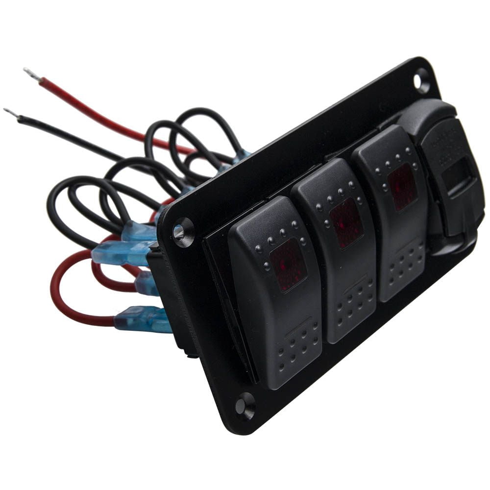 4 Gang Rocker Switch Panel, ABS+PC 12V-24V Toggle Switch with Red LED, IP65 Waterproof Interior Control Panel for Car, Boat, Marine, RV, Truck, SKU 75515536, Black
