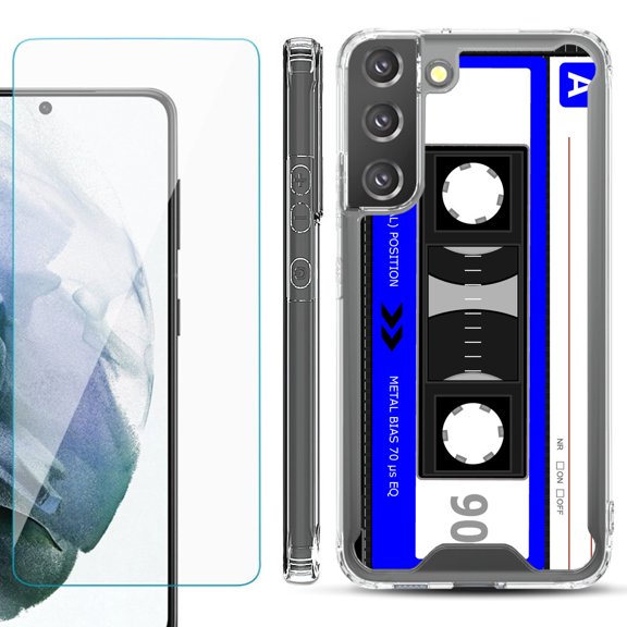 Shockproof Bumper Phone Case for Samsung Galaxy S22 5G, with Tempered Glass Screen Protector, by OneToughShield ® - Cassette Blue