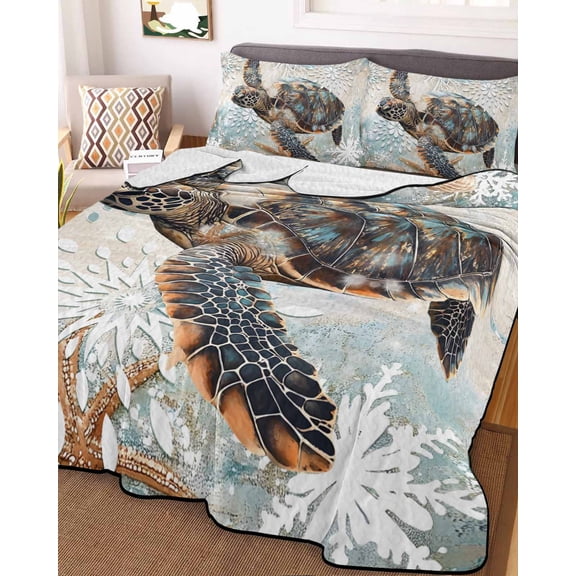 Sea Turtle Coastal King Size Down Alternative Comforter, Lightweight Comforter Quilt Bedding Set with Pillow Shams Nautical Summer Beach Starfish All Seasons Bed Comforter Duvet Insert 96"x106"