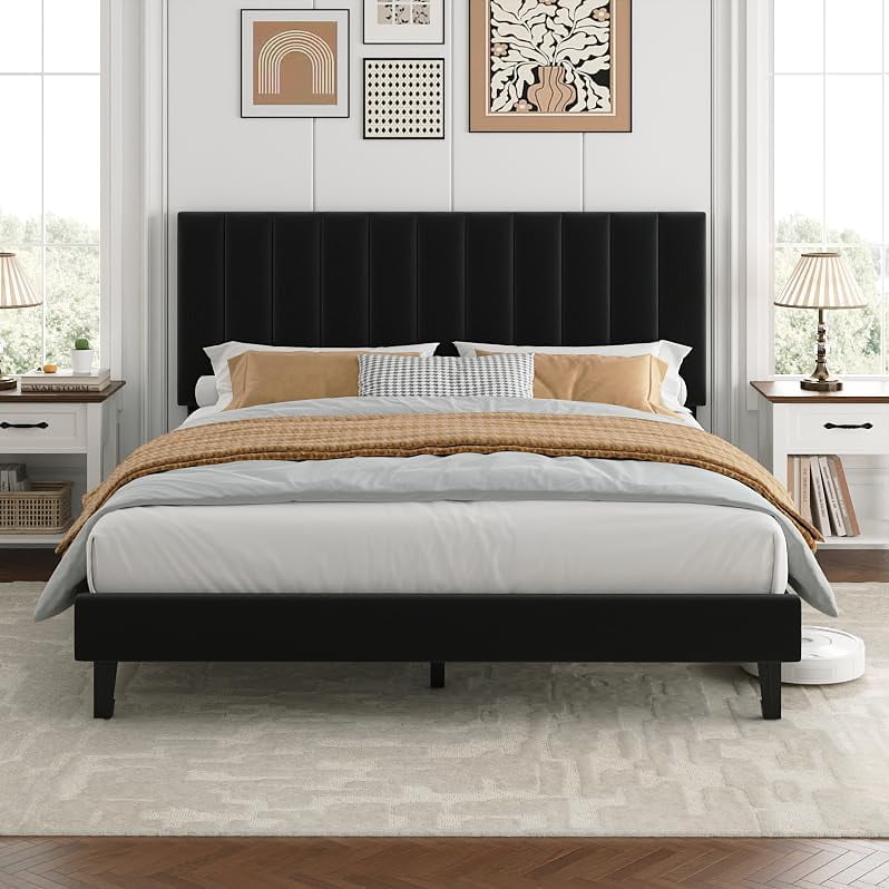 Queen Size Bed Frame, Velvet Upholstered Platform Bed with Adjustable Vertical Channel Tufted Headboard, No Box Spring Needed, Easy Assembly, Black