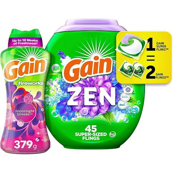 GAIN Laundry Bundle: Super Sized Flings Laundry Detergent Pacs, Zen, 3-in-1 Detergent Pacs with Febreze and Oxi, 45 Count + Fireworks In-Wash Scent Booster Beads, Moonlight Breeze - 379 Grams