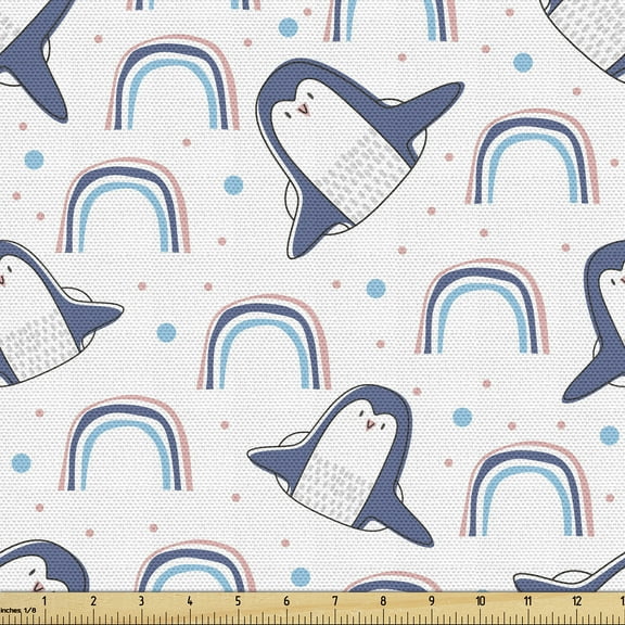 Ambesonne Animal Theme Fabric by the Yard Upholstery, Drawing of Penguin, 5 Yards, White Dark Ceil Blue