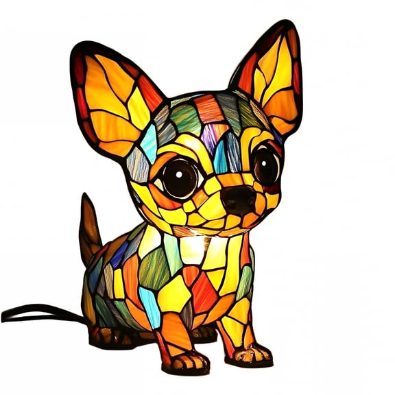 LAMIRO Chihuahua Stained Glass Table Lamp 7.8 Inch, Retro Dog Bedside Lamp With Resin Base, Decorative Animal Night Light for Living Room Bedroom Office, Unique Gift for Dog Lovers