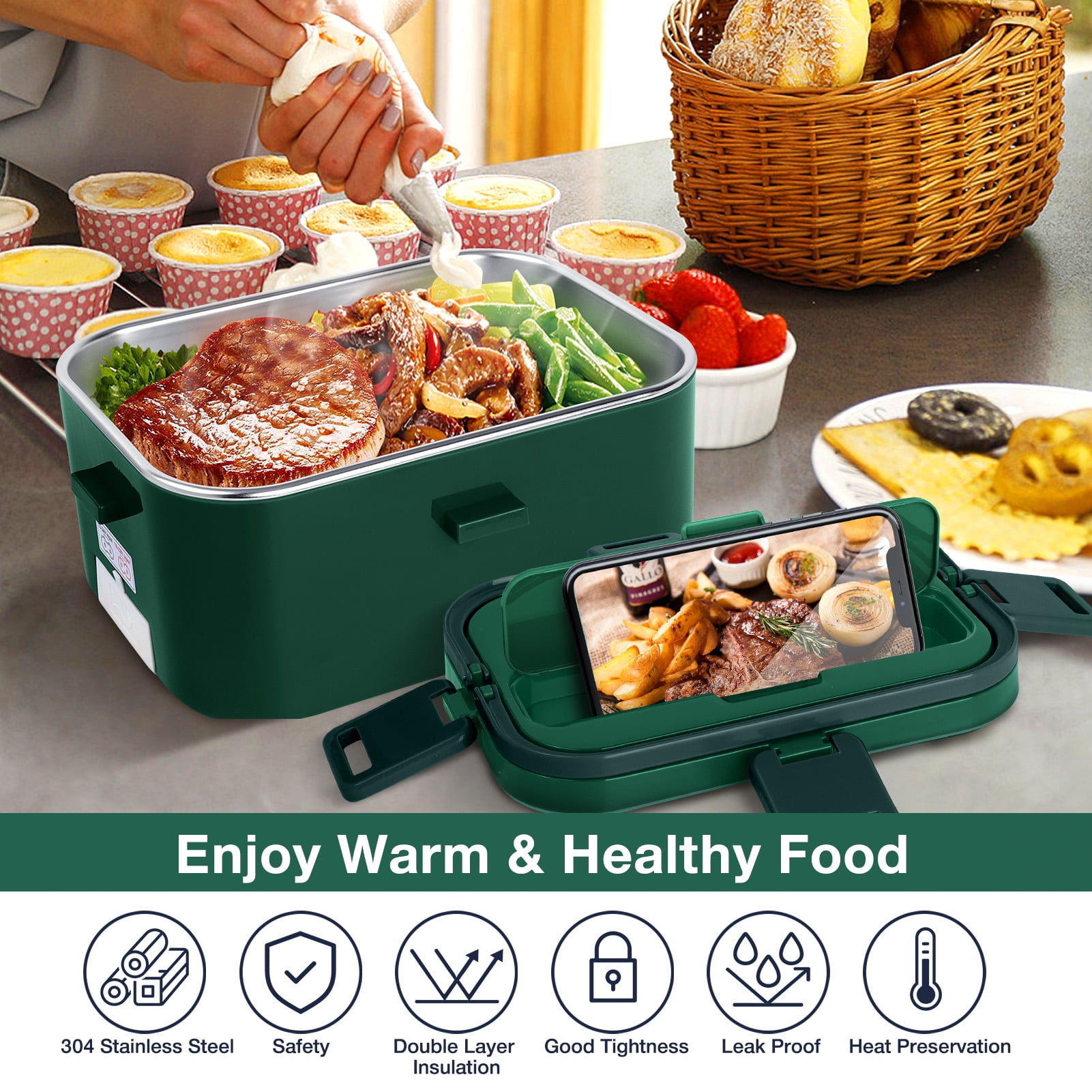 Livhil Electric Lunch Box Food Heater, Portable Food Warmer, Hot Lunch Warmer Heated Lunch Box for Adults, 60W 1.8L 12V-24V 110V Stainless Steel Container Portable Food Heater (Green+Army Green)