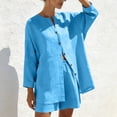 thumbnail image 3 of Women's Cotton Blend Short Sleeve Top with Pocket and Shorts Set, Solid Color Round Neck Casual Lounge Set, Soft Stretch 2 Piece Outfit for Summer, Matching Vacation | TruBelle,Light Blue L, 3 of 7