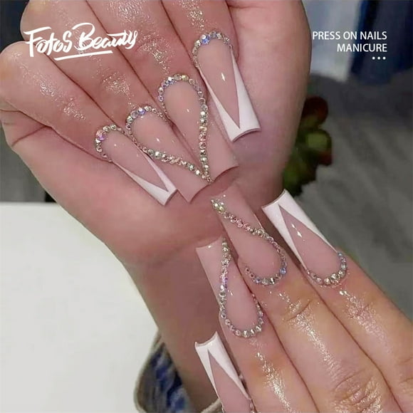 Fofosbeauty 24pcs Press on False Nails,Acrylic Nails for New Year Valentine's Gift,Long Coffin French White Diamond Pink