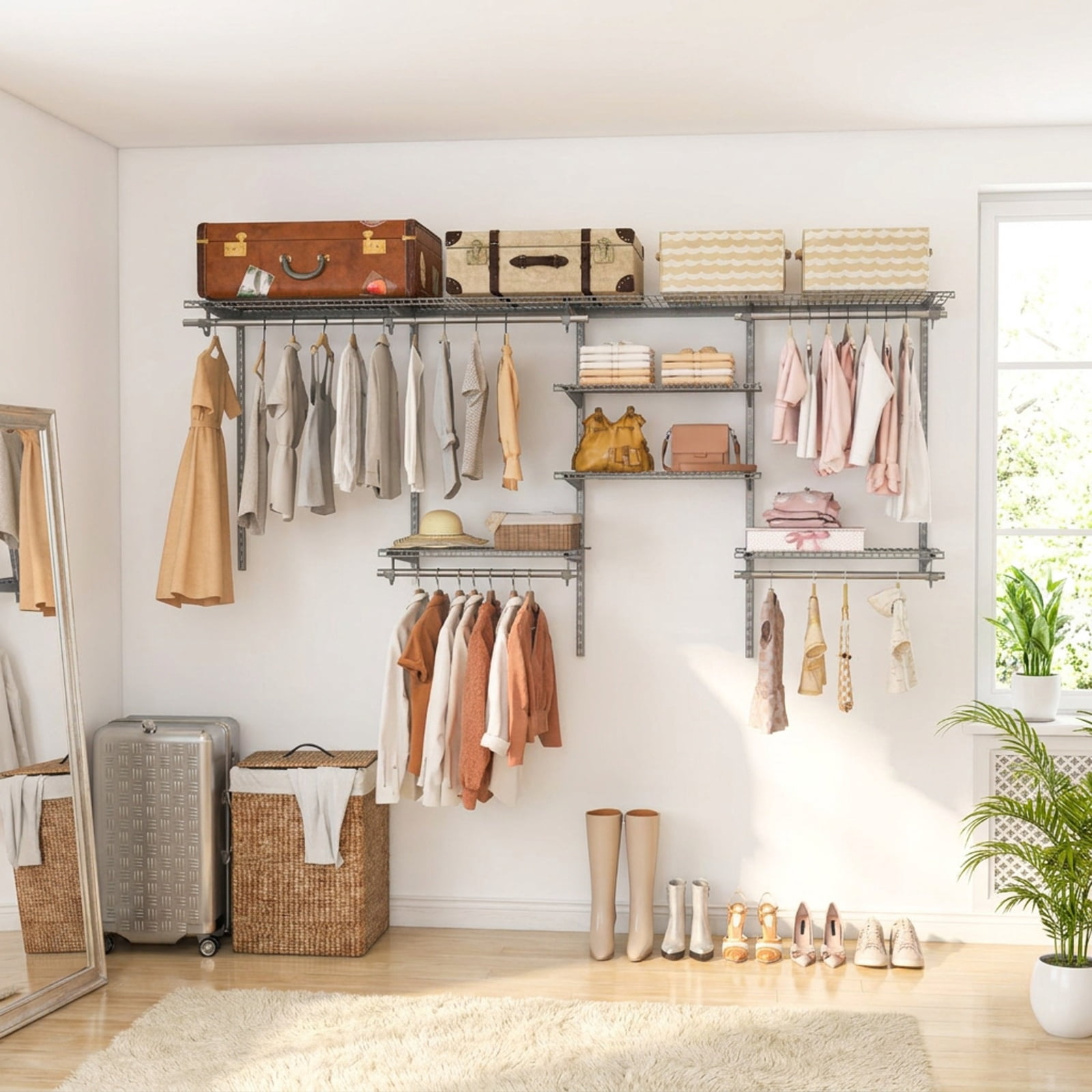 Furnibear Wall Mounted Closet Organizer System with 7 Shelves 5 Hanging Rods and Adjustable Heights for Bedroom and Laundry Storage, Gray