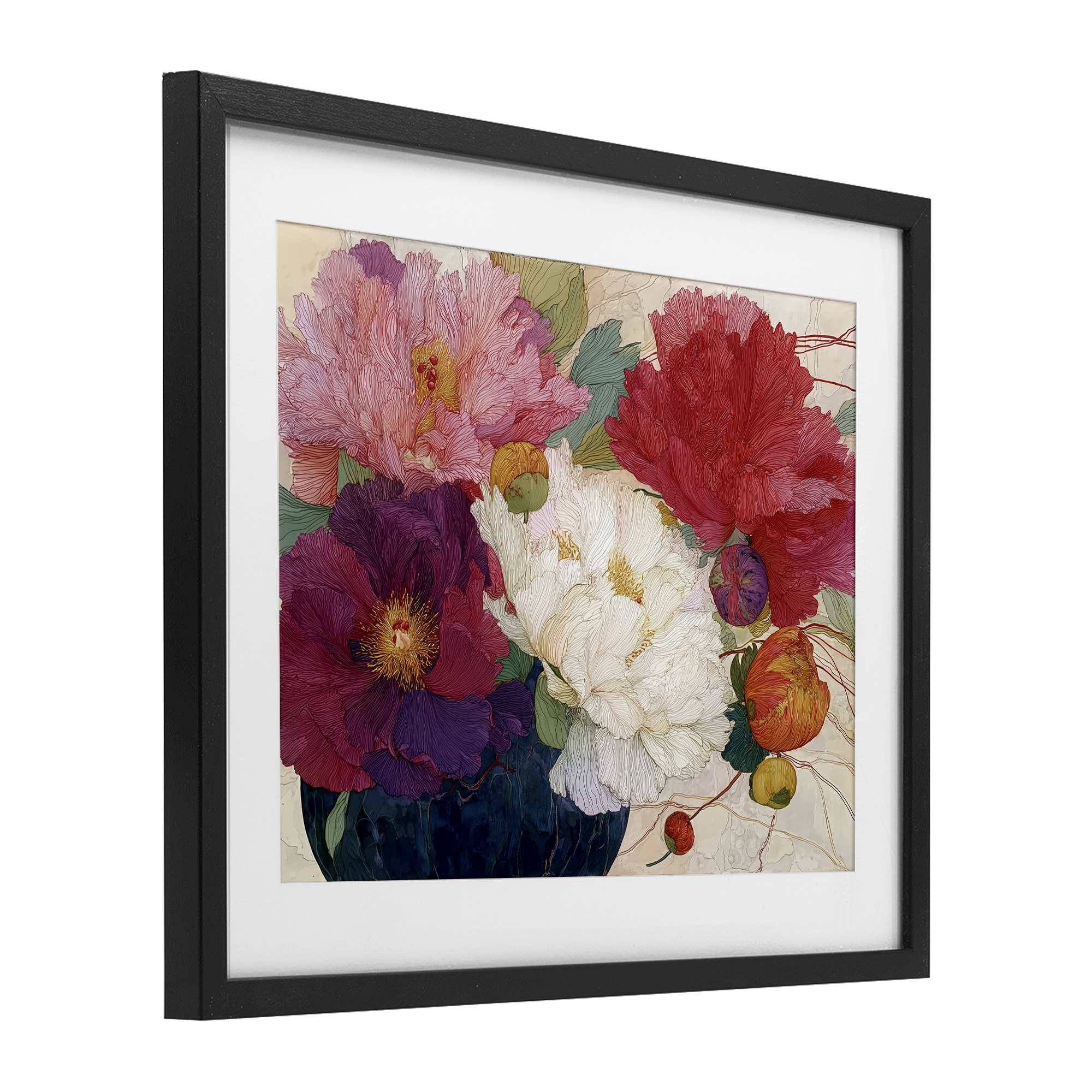 Haiku Ornate Flower Petals Black Framed Print Under Glass, design by Annabelle Hall