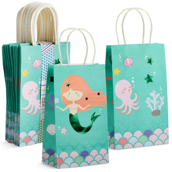 BLUE PANDA Mermaid Goodie Bags - 24 Mermaid Party Favors - Candy Buffet Treat Bags with Handle for Birthday Party Decoration & Undersea Goodies - Pack of 24, 5.3 x 3.2 x 9 in