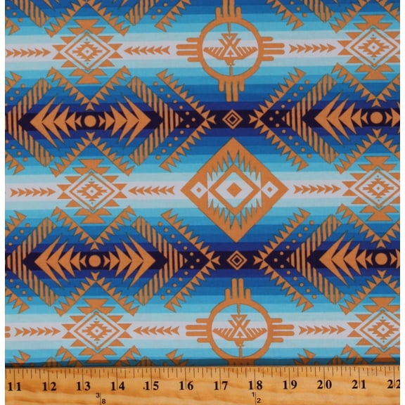 Cotton Spirit Trail Southwestern Stripes Diamonds Tribal Aztec Blue Cotton Fabric Print by the Yard (647BLUE)