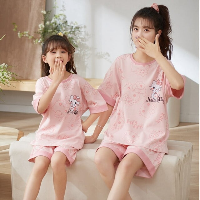 Ropa de dormir Kawaii Sanrioed para niños, lindo Anime Cinnamoroll Kuromi Mymelody, pijama de algodón de manga corta, traje de casa para mujer, verano, nuevo