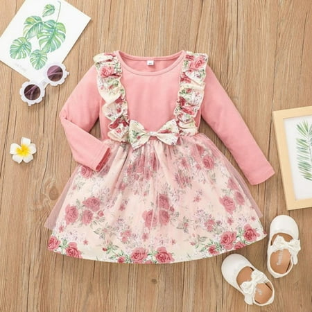 

Clearance Autumn Toddler Baby Girls Floral Dresses Outfits Cute Ruffle Pleat Mesh Dress Long Sleeve Bowknot Party Princess Dress