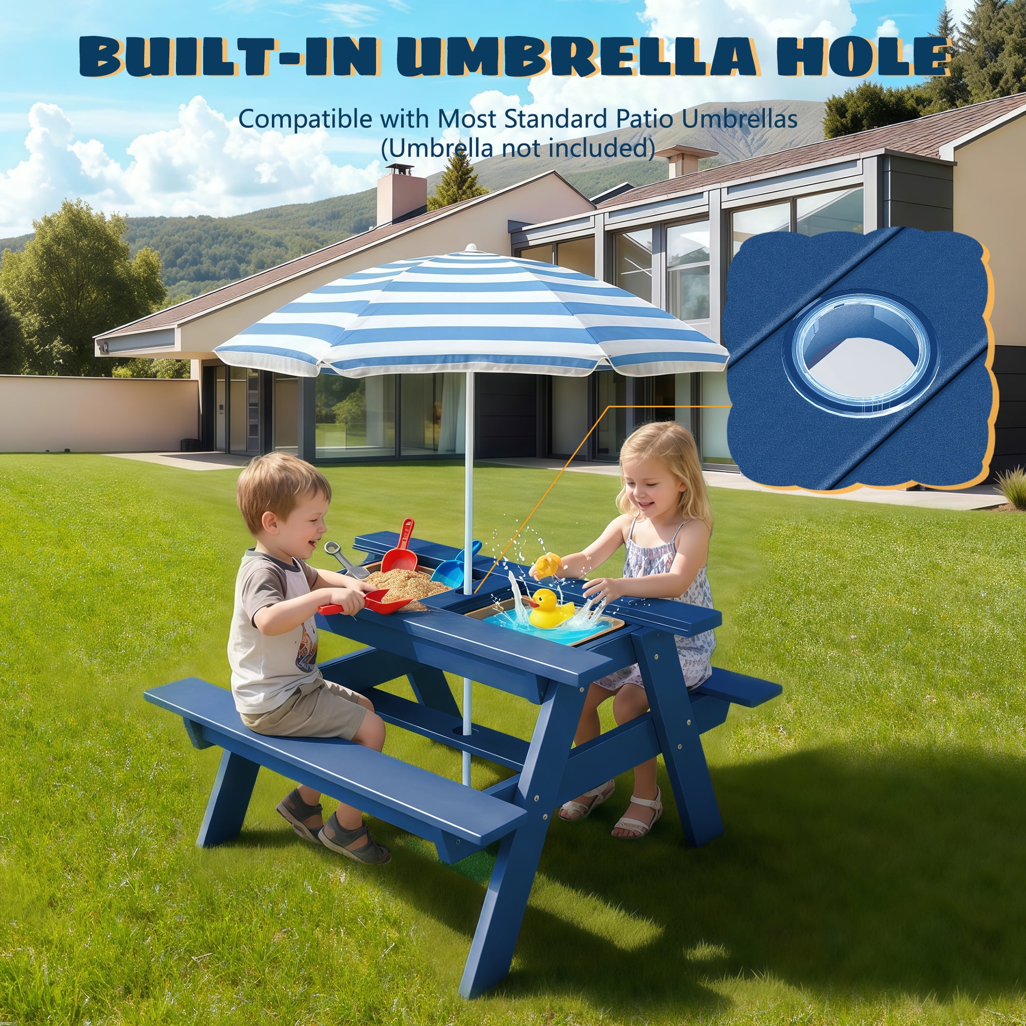 FOOWIN HDPE Kids Picnic Table, 3 in 1 Outdoor Convertible Sand & Water Table with Removable Tabletop, Kids Outdoor Table for Backyard Patio Play, Navy Blue