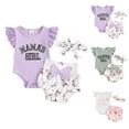 thumbnail image 3 of Coerni Girls Fly Short Sleeve Letter Printed Ribbed Romper Bodysuits 3 pcs Floral Printed Shorts Headbands Set 3 6 9 12 18 Months, 3 of 3
