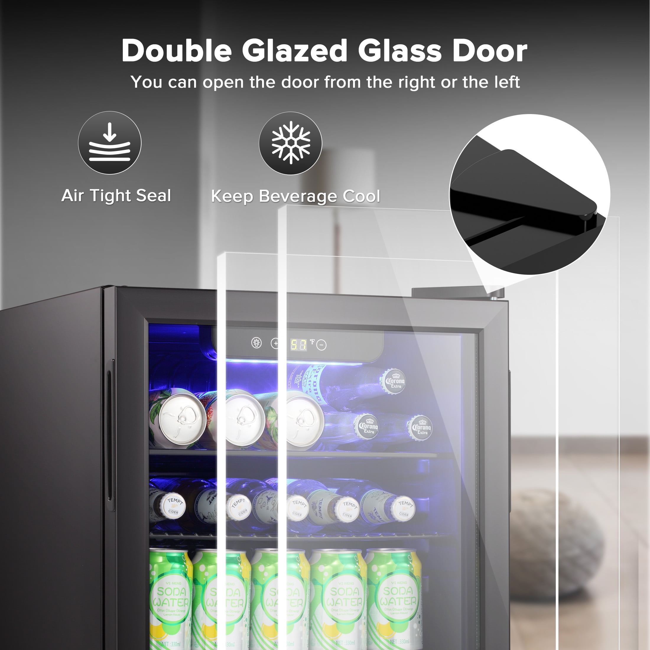 Electactic 2.6 Cu.ft Beverage Refrigerator Cooler, 100 Can Mini Fridge with Glass Door for Soda Beer or Wine, With Adjustable Removable Shelves, Bar/Office/Home