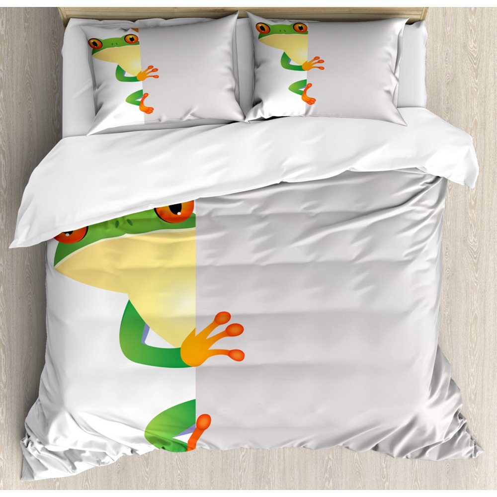 Reptile Duvet Cover Set, Funky Frog Prince with Big Eyes on Wall