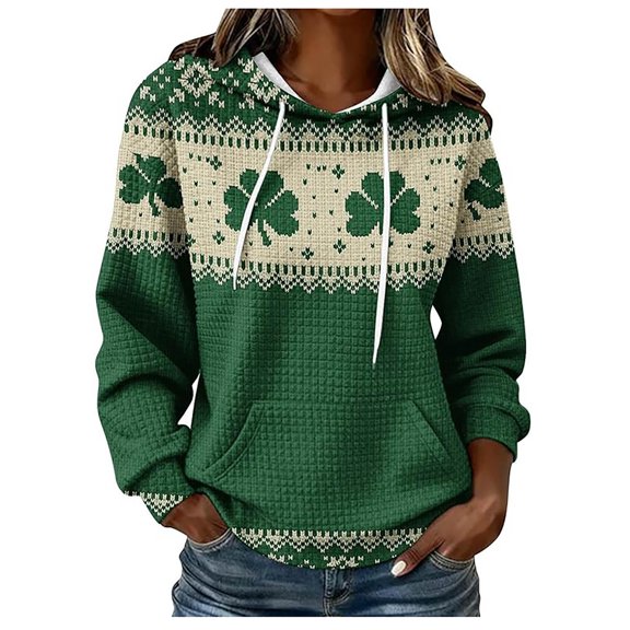 XIAOCHA Pattern Print Hoodie For Women Long Sleeve Shamrock Knit Sweatshirts Pullover Top, Green, Sizes M
