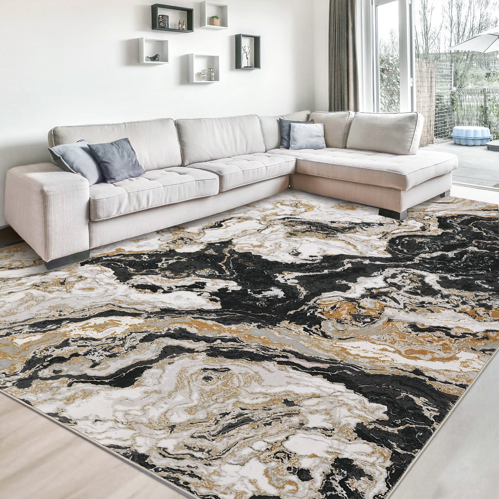 Modern Abstract Marble Print Area Rug 4' x 6'– Soft, Washable, Non-Slip & Non-Shedding(Black)