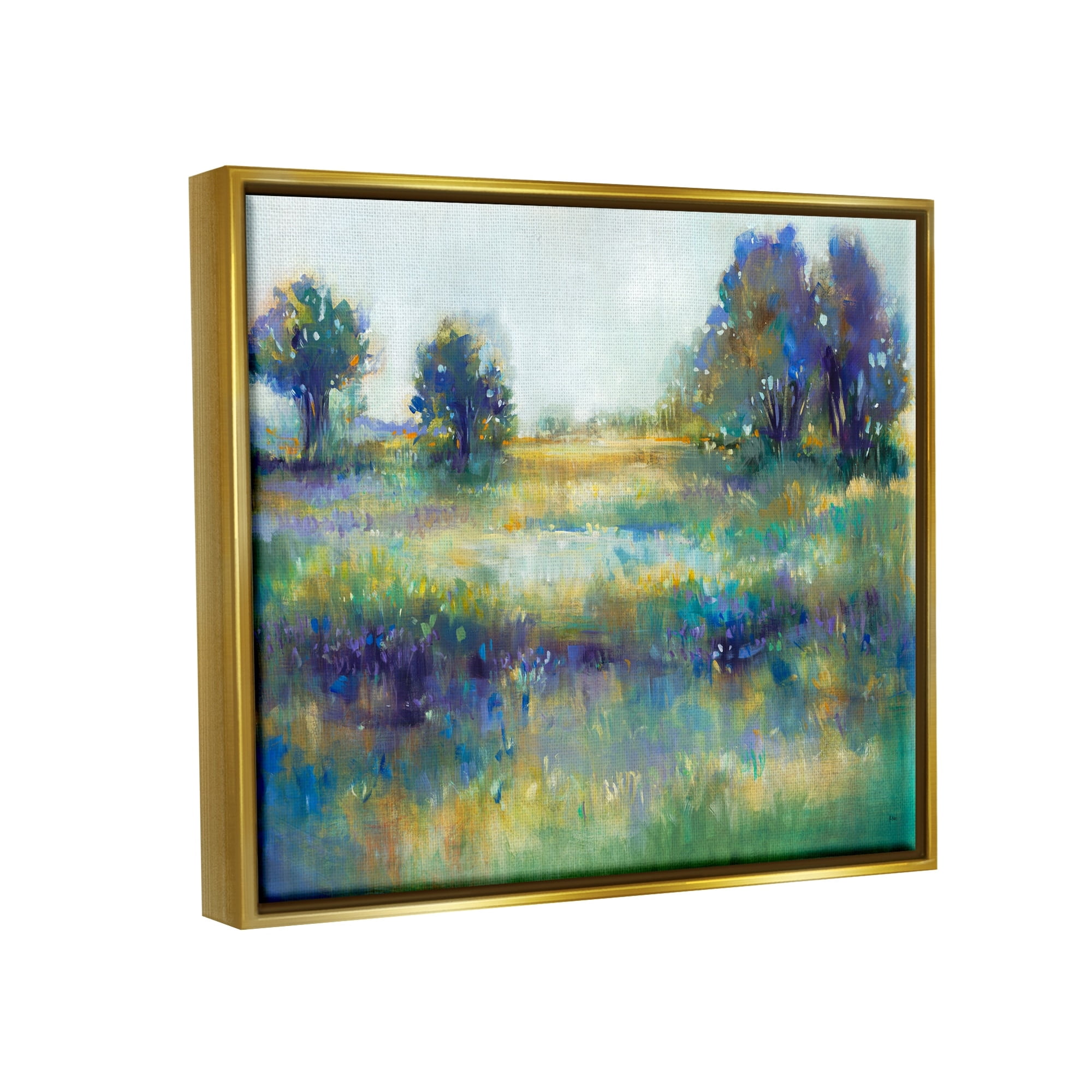 Stupell Industries Wetland Watercolor Landscape Abstract Blue Green Painting Metallic Gold Framed Floating Canvas Wall Art, 24x30, by Third and Wall