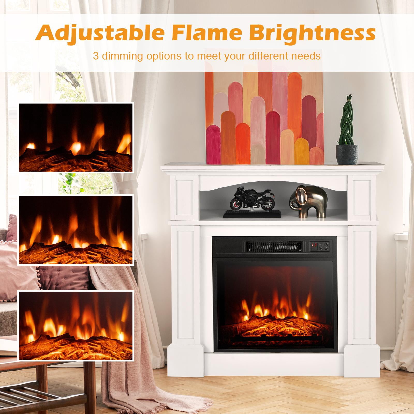 32" Electric Fireplace w/Mantel and Remote Control, Freestanding Heater w/3-Level Adjustable Flame Brightness & Overheat Protection, White