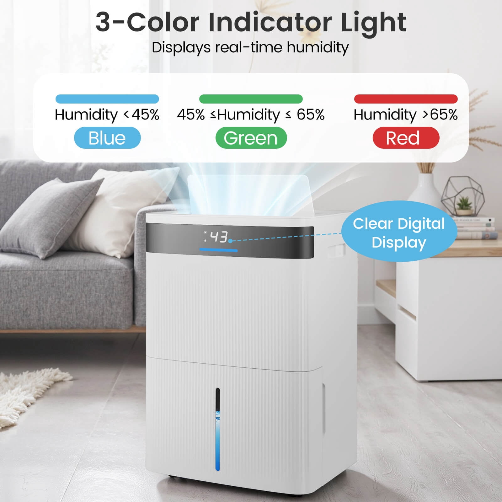 Costway 22-Pint(DOE) Dehumidifier with 3-Color Indicator For Home  6000 Sq.Ft  Coverage Area (MAX 74Pint at 95°F, 90%RH)