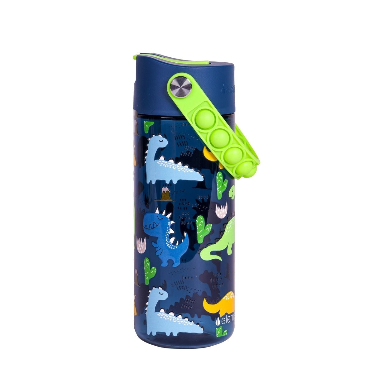 Elemental Splash Kids Water Bottle - Plastic Water Bottle - BPA Free - Leak Proof - Straw Lid - Pop-it Handle - Durable - For Girls, Boys & School Reusable Water Bottle - 18oz - Dinosaur Navy