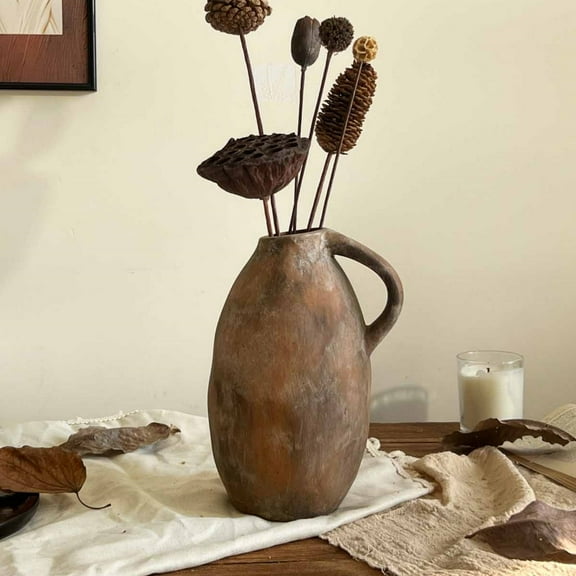 Antique Rustic Ceramic Vase with Handle,10.3 Inch Large Terracotta Flower Vase for Home Decor