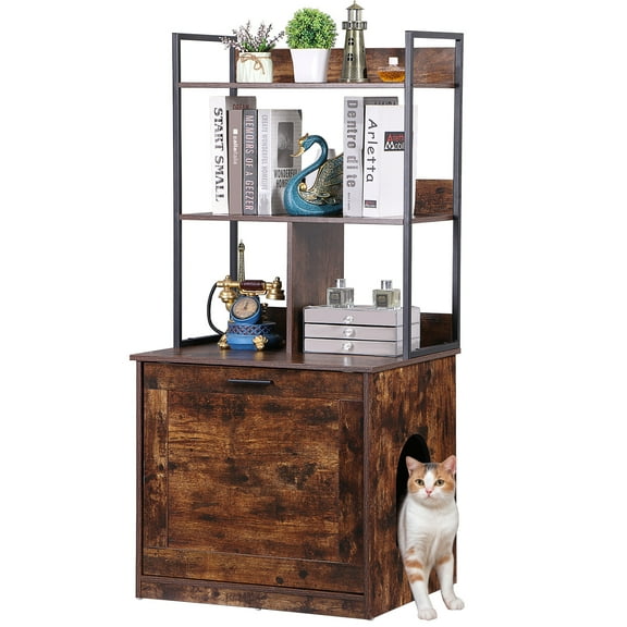 ZENY Litter Box Enclosure with Shelves, Wooden Cat Washroom Indoor, Cat House Cabinet Fit Most of Litter Box, Brown