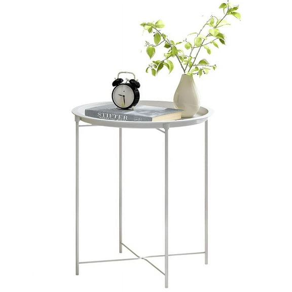 Simpli Furnished LLC Round Accent Side Table Nightstand with Removable Tray Top for Living Room Bedroom Kitchen, Folding Mini Coffee Table, No Assembly Required, White