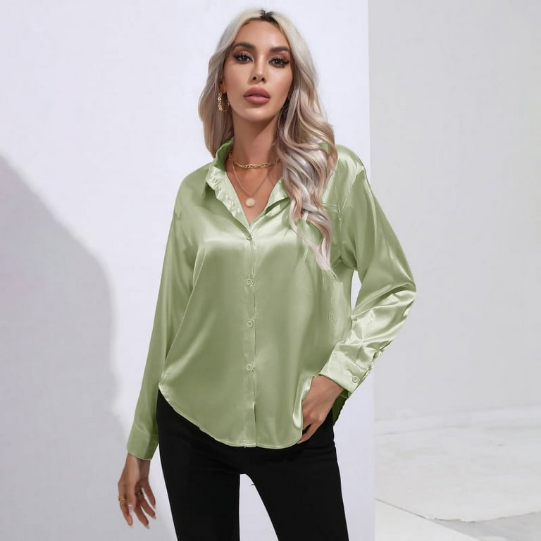 Women's Button Down Shirt Satin Silk Long Sleeve Blouse Formal