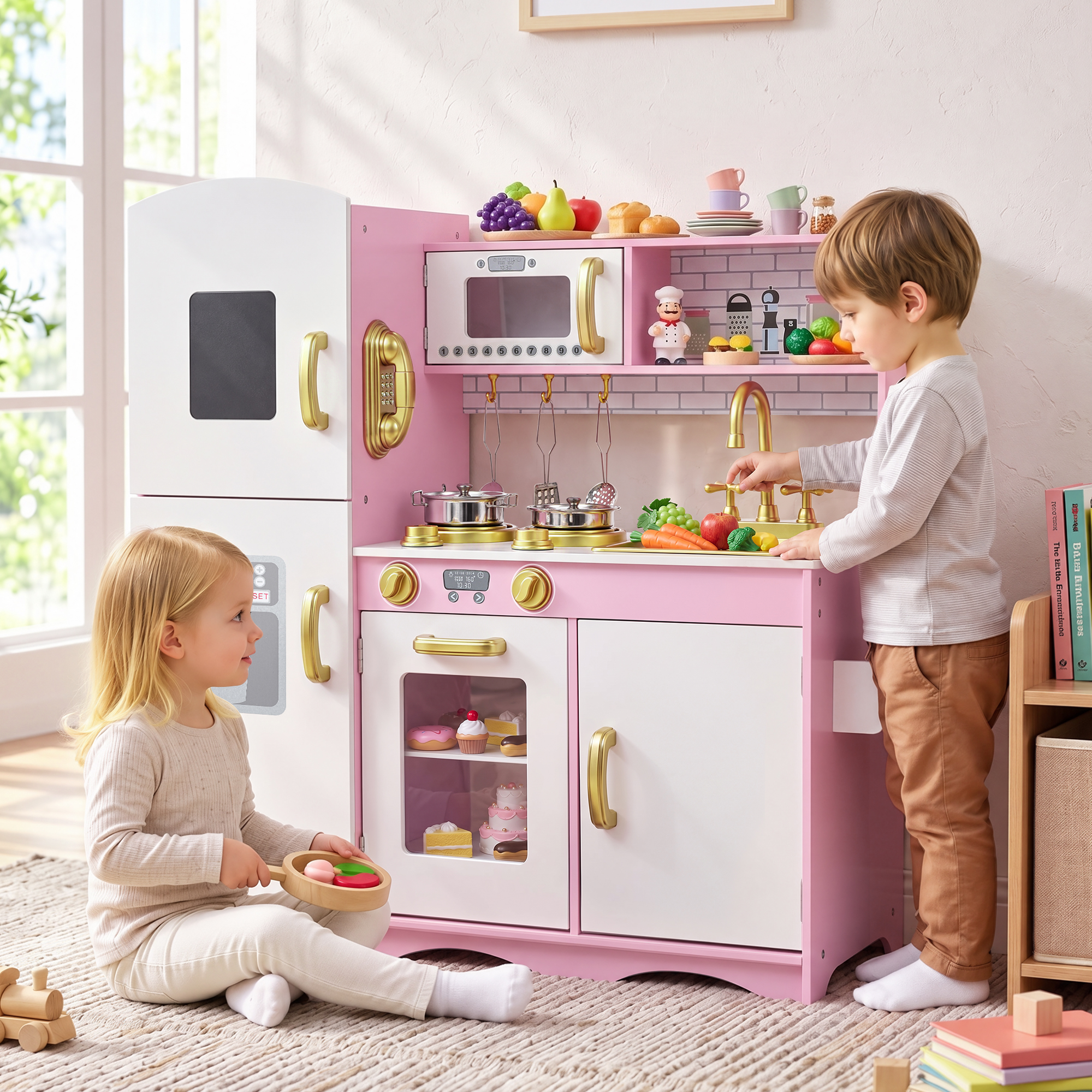 AILEEKISS Wooden Kids Play Kitchen Set - Gold Pink photo 3