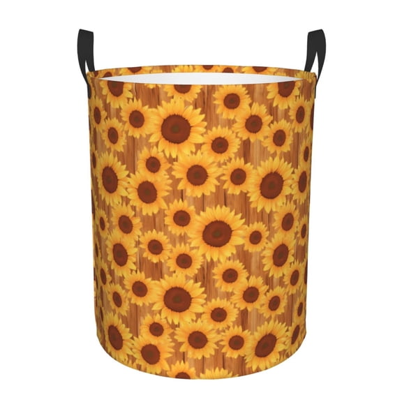 Rateoe Brown Wood Grain Sunflower A Pattern Round Laundry Hamper Basket, Tall Hamper Basket for Blanket Storage, Nursery Clothes Hamper for Laundry in Bedroom and College Dorm-Small