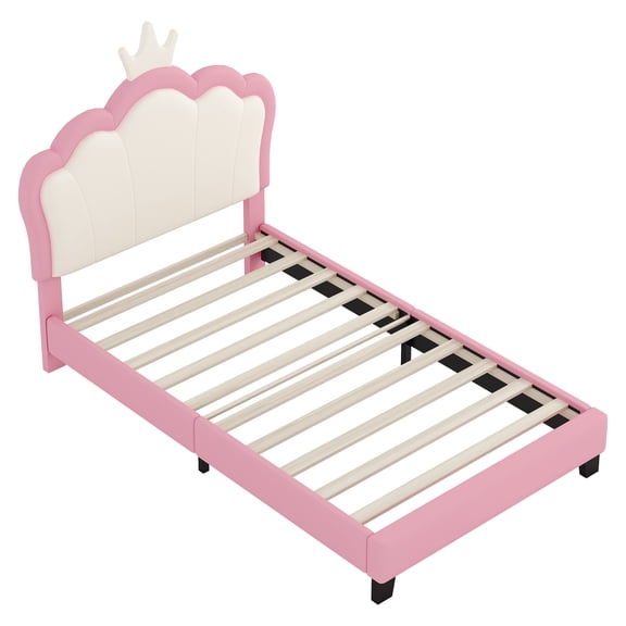 Twin Size Adjustable Bed Base, Twin size Upholstered Princess Bed With Crown Headboard,Twin Size Platform Bed with Headboard and Footboard,Cream Pink(Old SKU:WF303336AAH), Pink Bed Frames