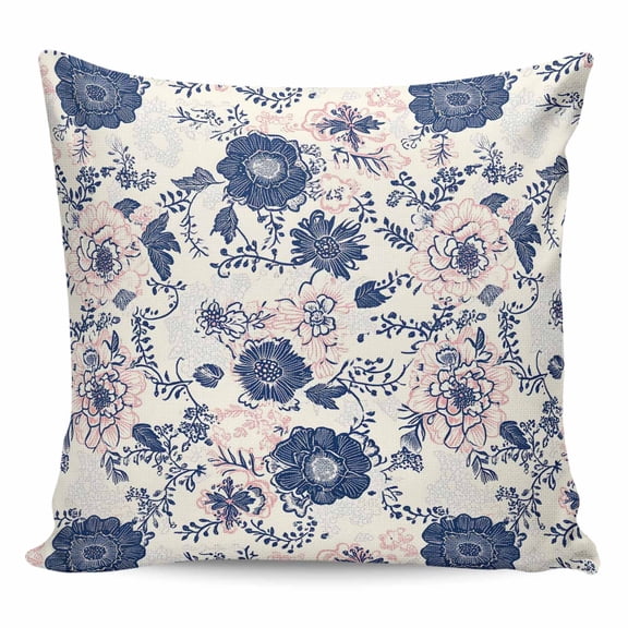 Throw Pillow Covers 18x18 Inch, Navy Blue Floral Decorative Pillow Cases for Couch Sofa Bed, Vintage Watercolor Botanical Flower Leaf Cotton Linen Square Home Decor Pillowcases with Hidden Zipper