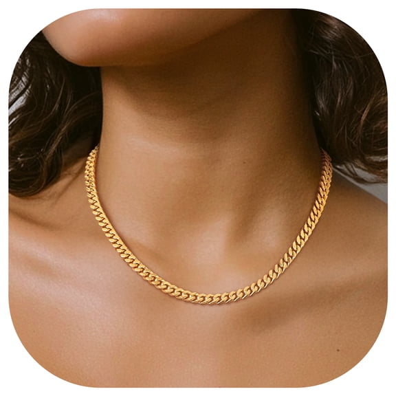 FindChic Chunky 14K Gold Plated Necklace for Women Stainless Steel Hip Hop Cuban Link Chain Birthday Mothers Day Jewelry Gifts Her Mom Wife Lady Female Adults Age Ideas, 5mm/18inch