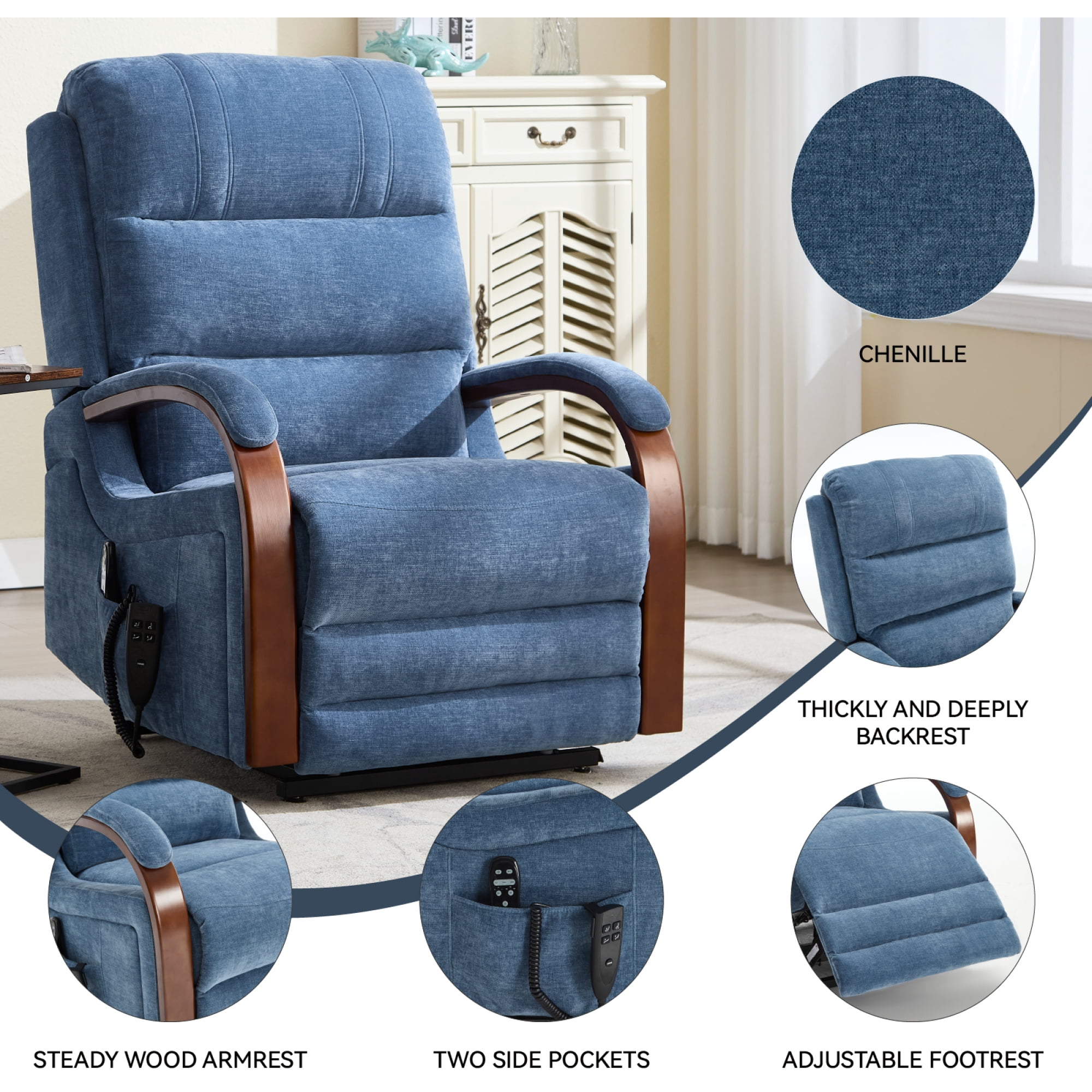 Leumius Power Lift Recliner Chair for Elderly with Heat and Massage,Lift Chair with Solid Wood Armrests for Living Room,Blue