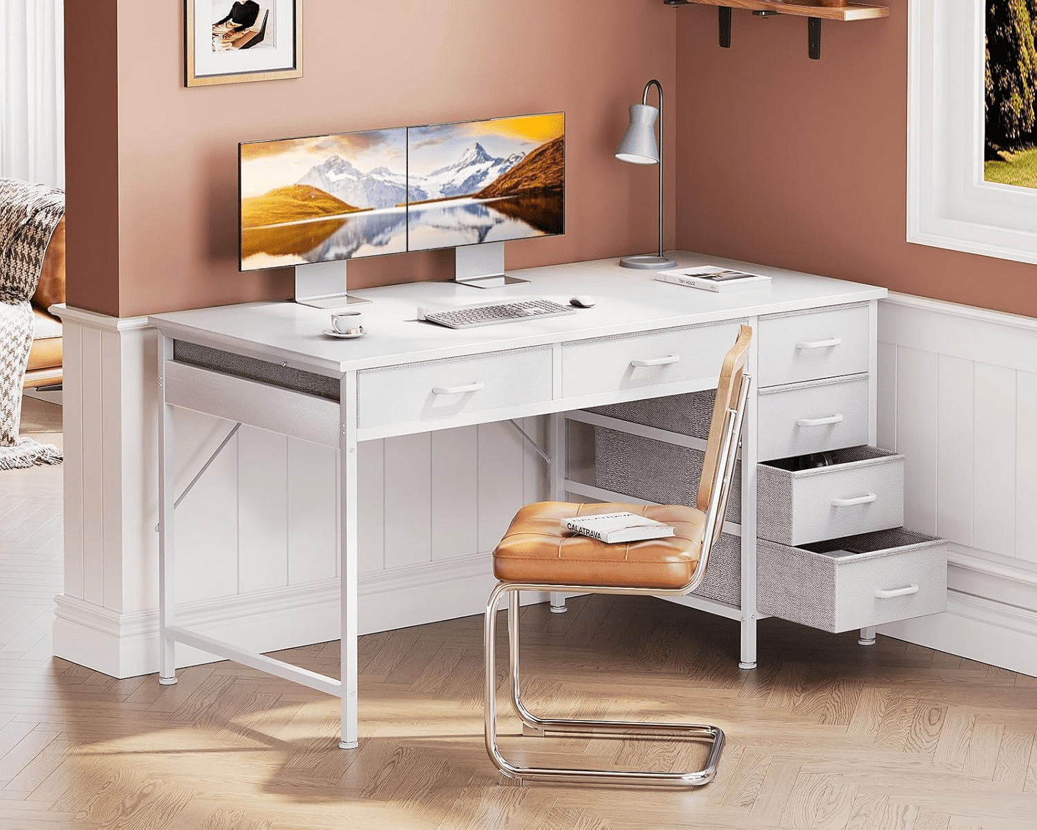 48-Inch Computer Desk with 6 Drawers and Reversible Storage – Suitable for Home Office, Bedroom, Work, and Study (White)
