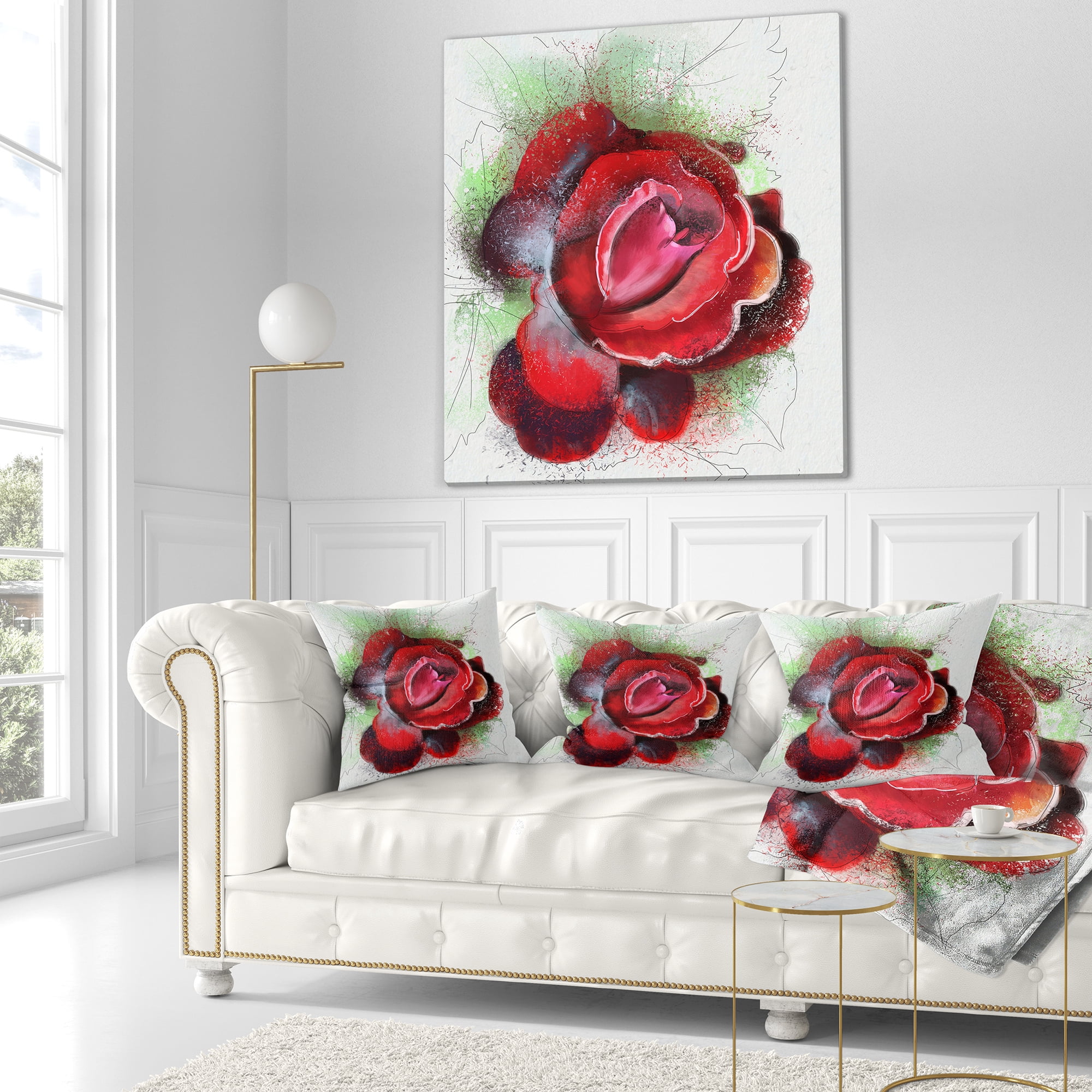 Designart Beautiful Red Rose with Green Shade - Floral Throw Pillow - 16x16