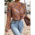 thumbnail image 3 of CORIRESHA Women's Short Belly Exposed Colorful Round Neck Trumpet Sleeve Hollow Knitted Sweater Beach Vacation Style, 3 of 3