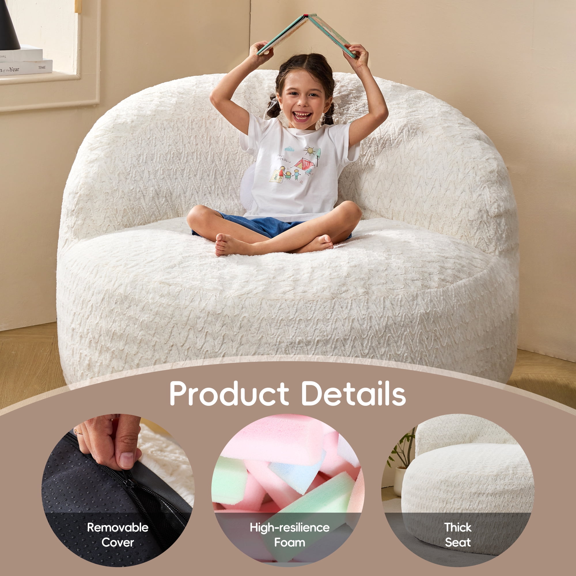 Hobestluk 4FT Bean Bag Chair for Adults with Memory Foam Filler Giant Beanbag with Faux Fur Cover for Bedroom (Chevron White,Oversize)