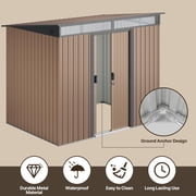 Lofka 8x6 FT Outdoor Storage Shed with Lockable Sliding Doors & Sloping Roof Metal Garden Tool Shed for Backyard, Light Brown