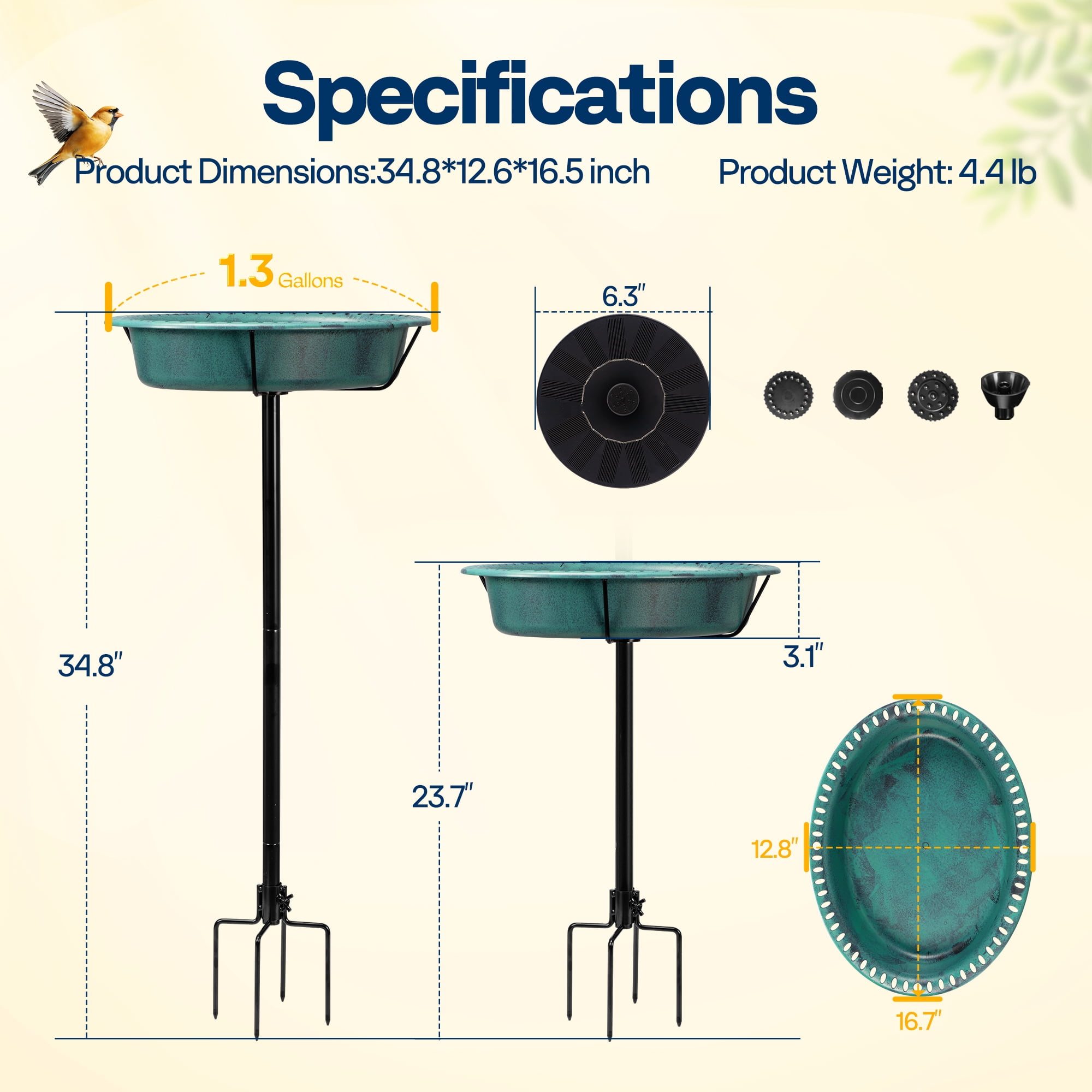 SPECSTAR Oval Bird Bath with Solar Fountain for Outside, Weather-Resistant ABS Birdbath Bowl with Solar Powered Pump, Metal Ground Stake for Outdoor, Garden, 1.3 Gallons, Green