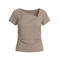 thumbnail image 6 of YUGYXL Women's Summer Asymmetrical Y2K Tops Trendy Ribbed Short Sleeve Fitted Tee Shirts Spring Fashion Clothing Khaki Top L, 6 of 6
