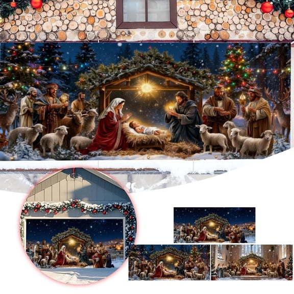 Easter Nativity Garage Door Cover 7 x 16 FT Christmas Garage Door Banner Decoration Nativity Religious Backdrop for Xmas Outdoor Party Supplies #A1