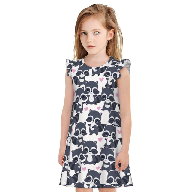 Balery Cartoon Raccoon Camisón de princesa para niñas, pijama de algodón con mangas abullonadas, suave y bonito.-Small